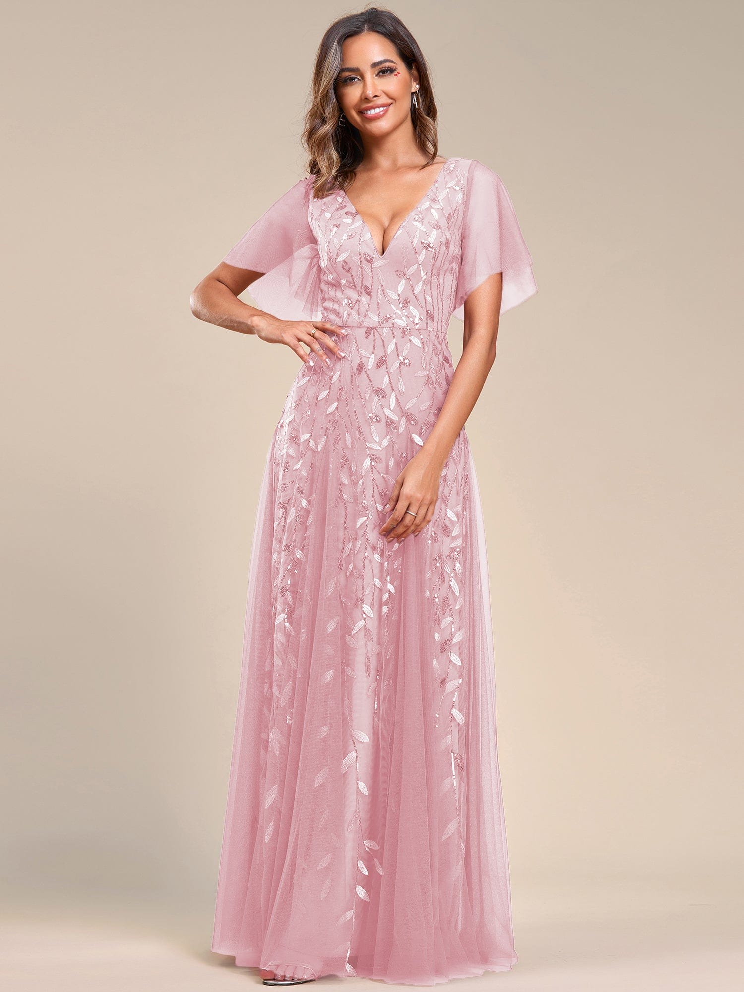 Custom Size V Neck Ruffle Sleeves Sequin Maxi Evening Dress #color_Pink
