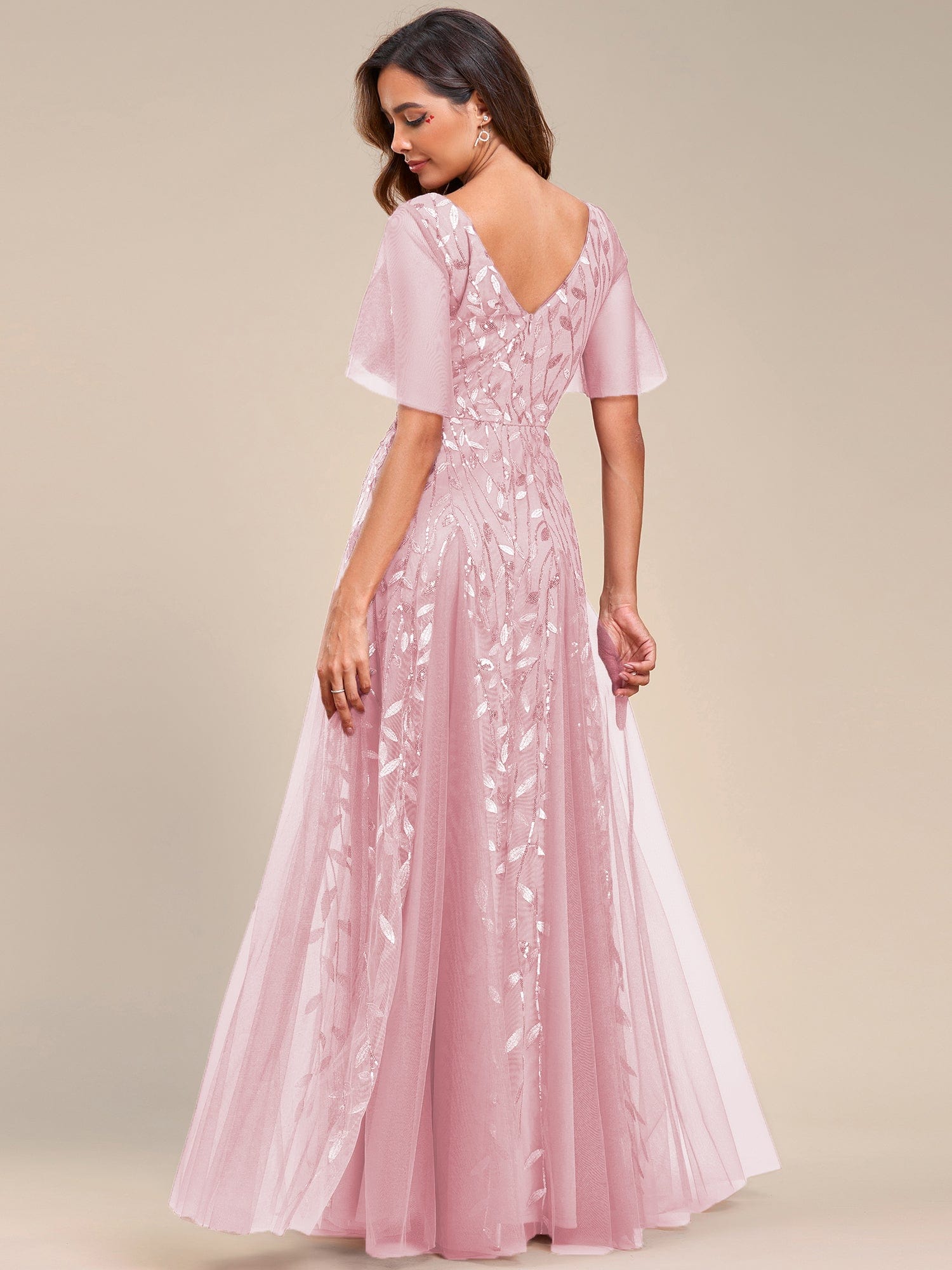 Custom Size V Neck Ruffle Sleeves Sequin Maxi Evening Dress #color_Pink