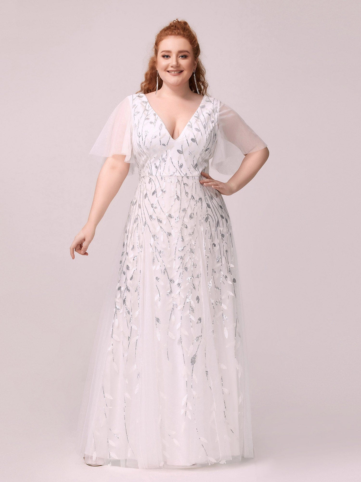 Custom Size V Neck Ruffle Sleeves Sequin Maxi Evening Dress #color_White