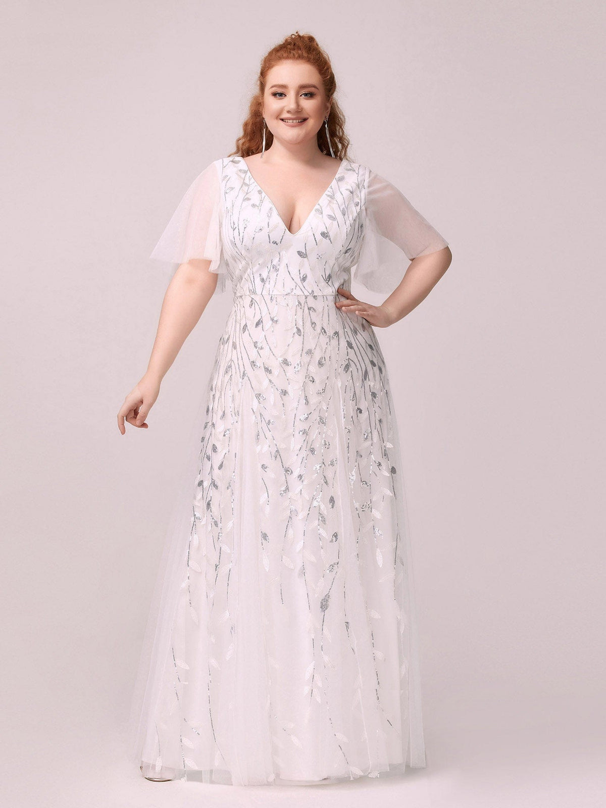 Custom Size V Neck Ruffle Sleeves Sequin Maxi Evening Dress #color_White