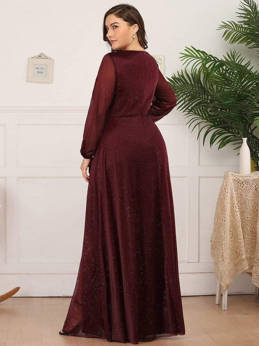 Plus Size V-Neck Shiny Puff Sleeve Evening Dress for Women #color_Burgundy 