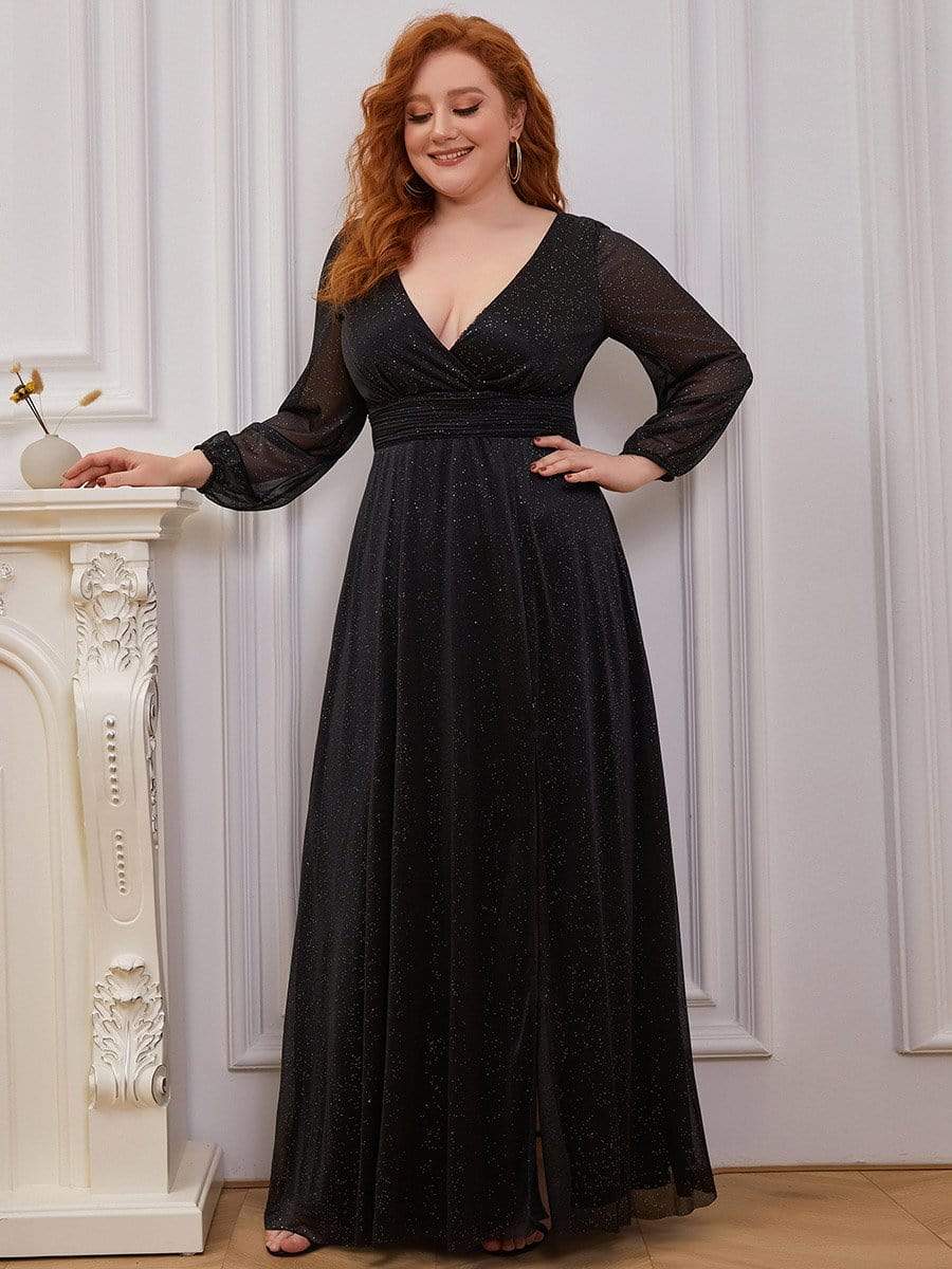 Plus Size V-Neck Shiny Puff Sleeve Evening Dress for Women #color_Black 