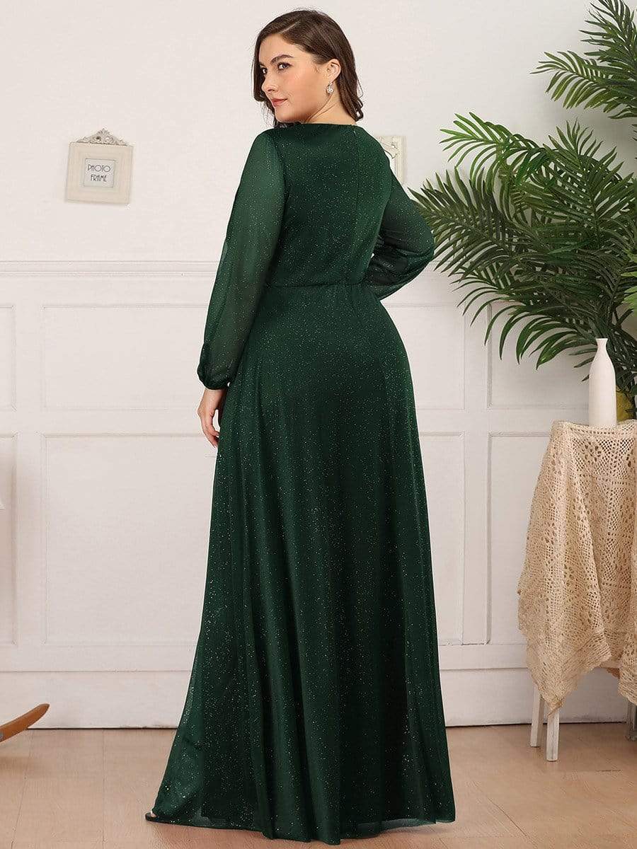 Plus Size V-Neck Shiny Puff Sleeve Evening Dress for Women