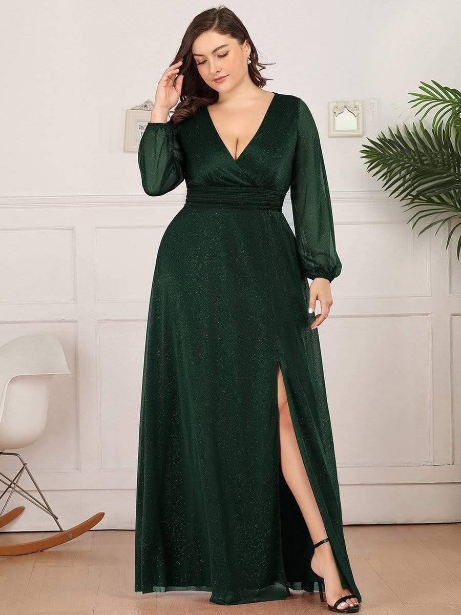 Custom Size Long Sleeve Side Split V-Neck Glittery Evening Dress