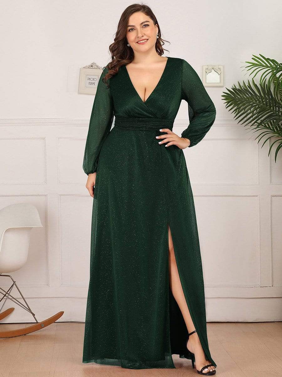 Custom Size Long Sleeve Side Split V-Neck Glittery Evening Dress #color_Dark Green 