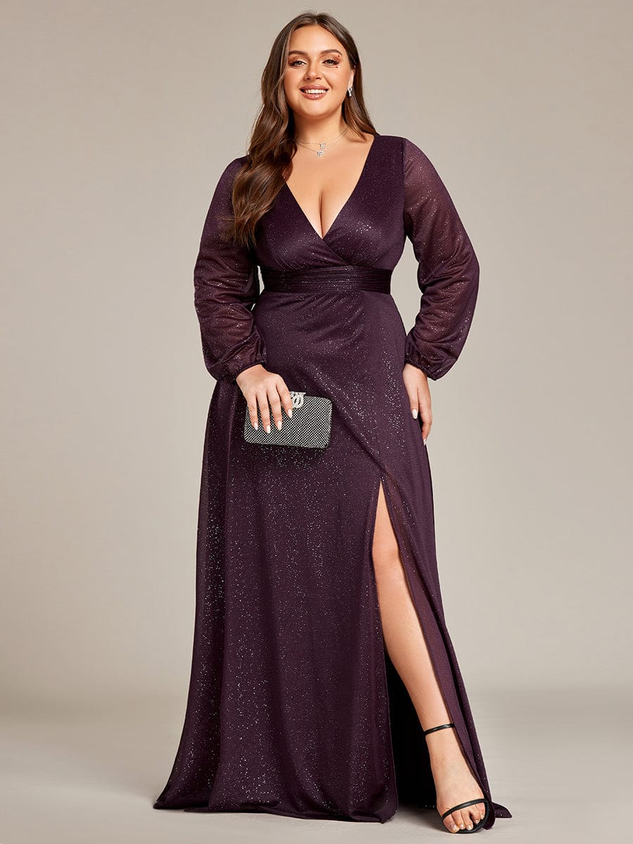 Plus Size V-Neck Shiny Puff Sleeve Evening Dress for Women