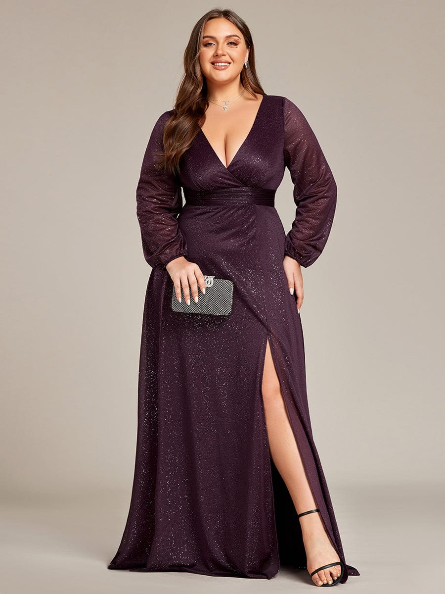 Plus Size V-Neck Shiny Puff Sleeve Evening Dress for Women #color_Dark Purple