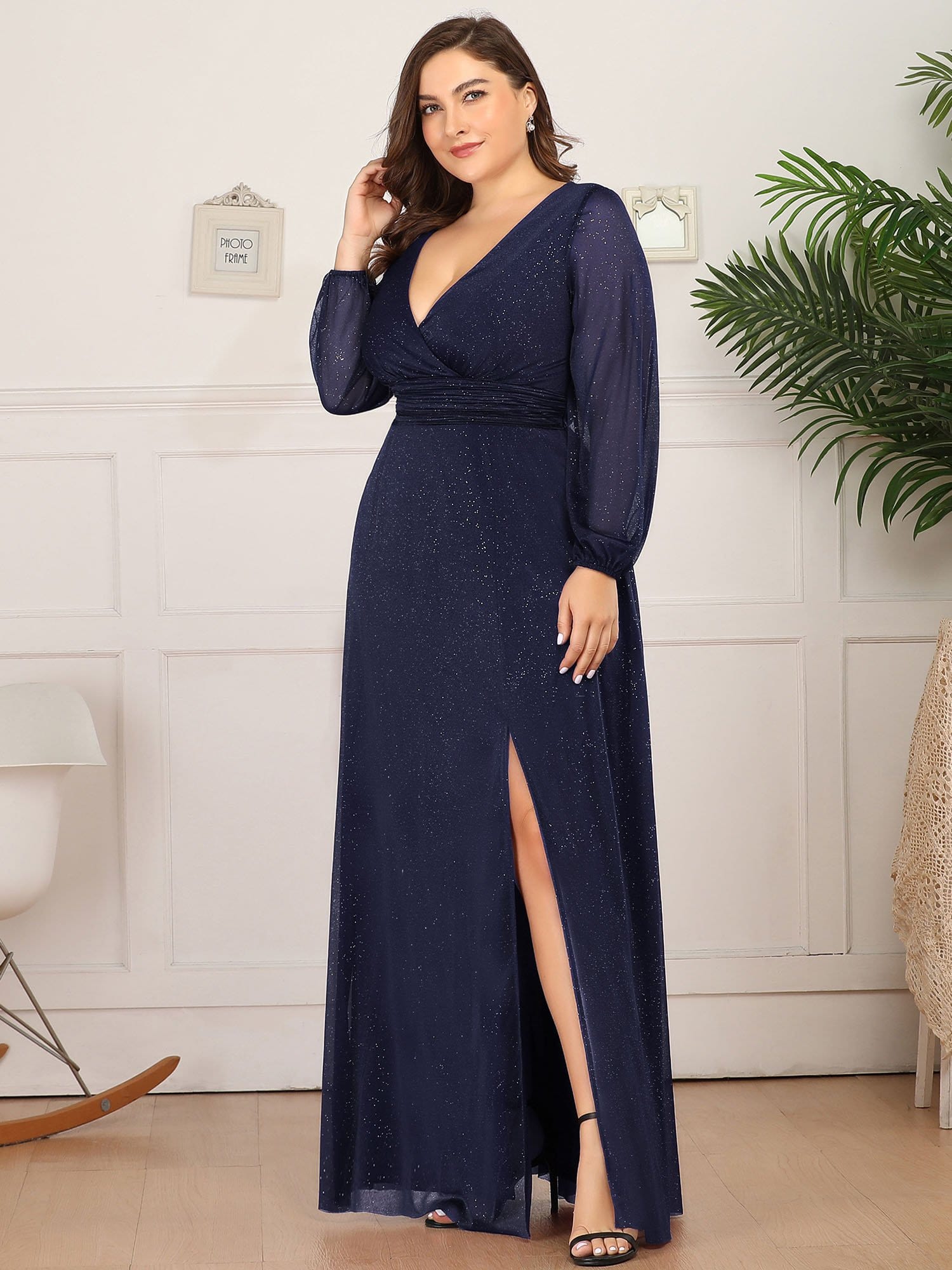 Custom Size Long Sleeve Side Split V-Neck Glittery Evening Dress #color_Navy Blue 
