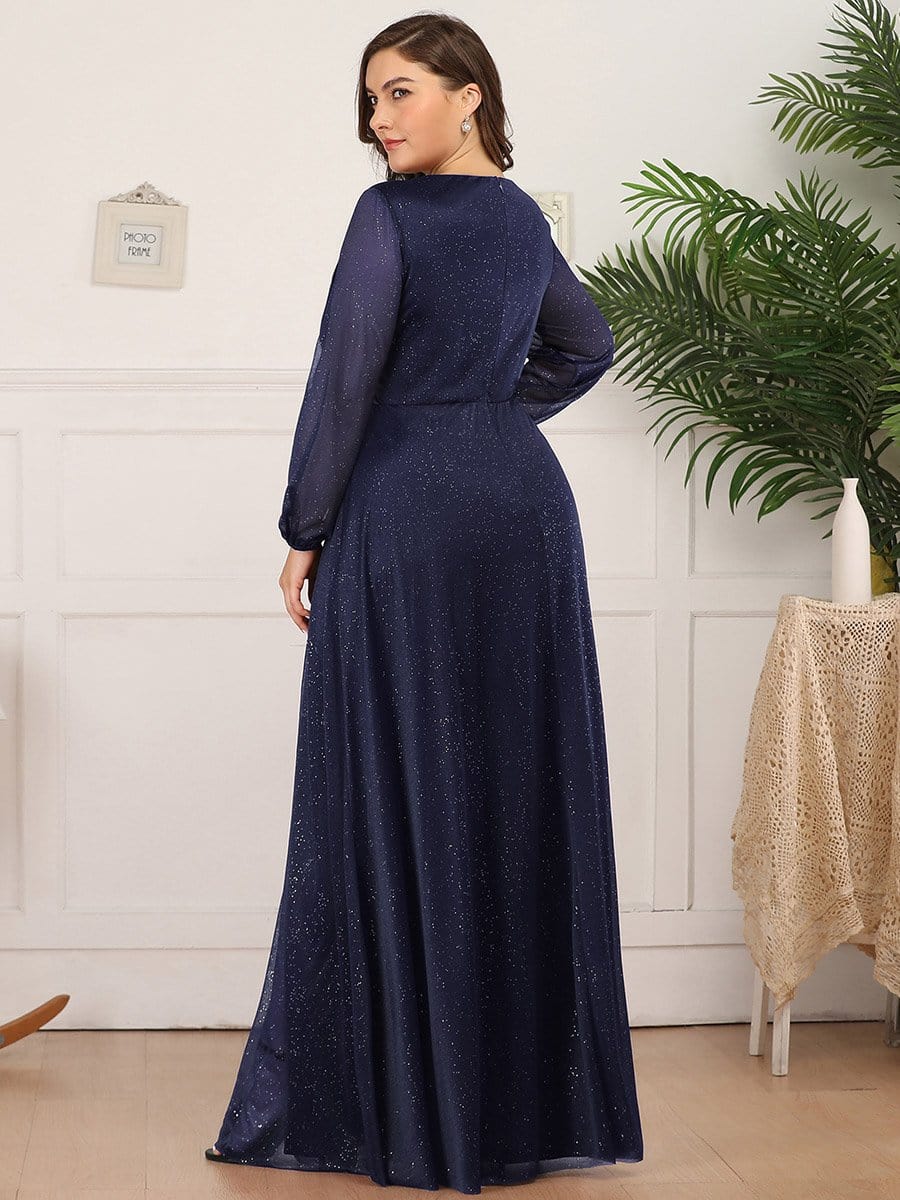 Custom Size Long Sleeve Side Split V-Neck Glittery Evening Dress #color_Navy Blue 
