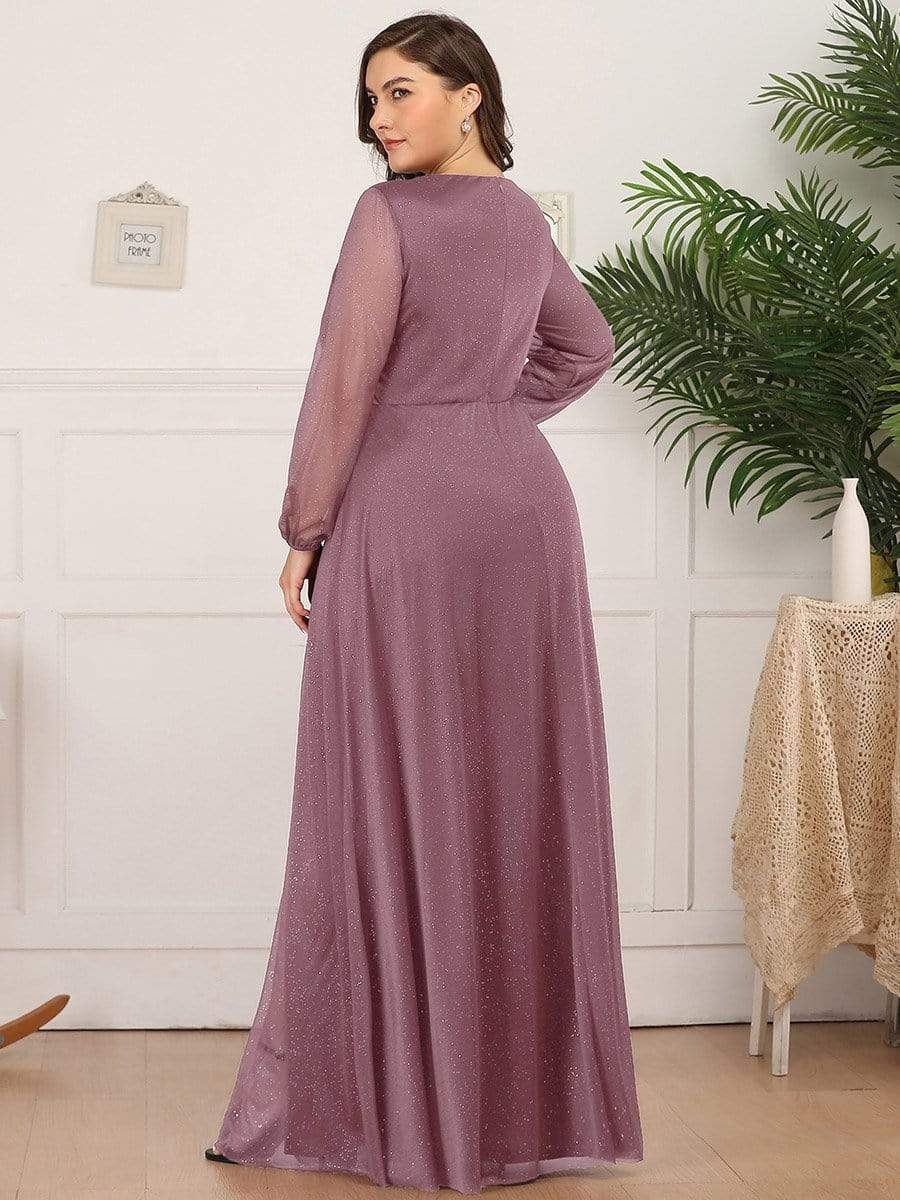 Plus Size V-Neck Shiny Puff Sleeve Evening Dress for Women
