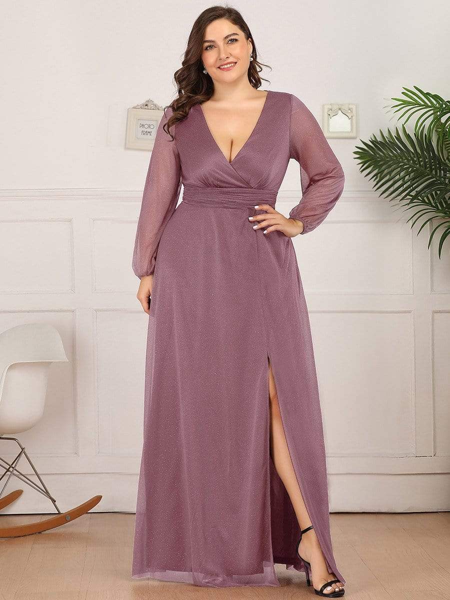 Custom Size Long Sleeve Side Split V-Neck Glittery Evening Dress #color_Purple Orchid 