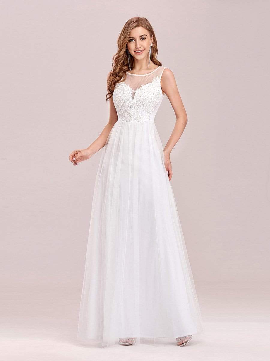 Elegant See Through Round Neck Applique Tulle Bridesmaid Dress #color_Cream 
