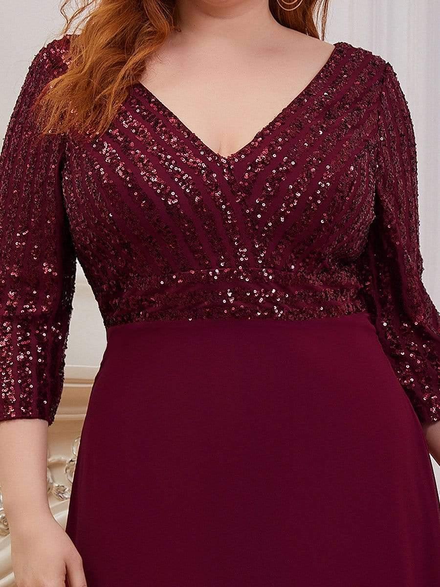 Plus Size V Neck A-Line Sequin Formal Evening Dress with Sleeve #color_Burgundy