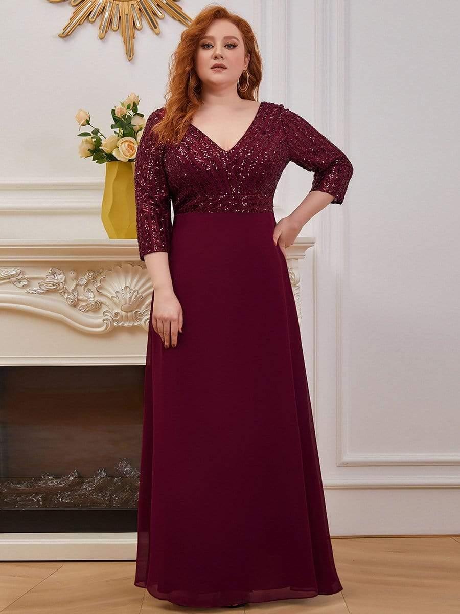 Plus Size V Neck A-Line Sequin Formal Evening Dress with Sleeve #color_Burgundy