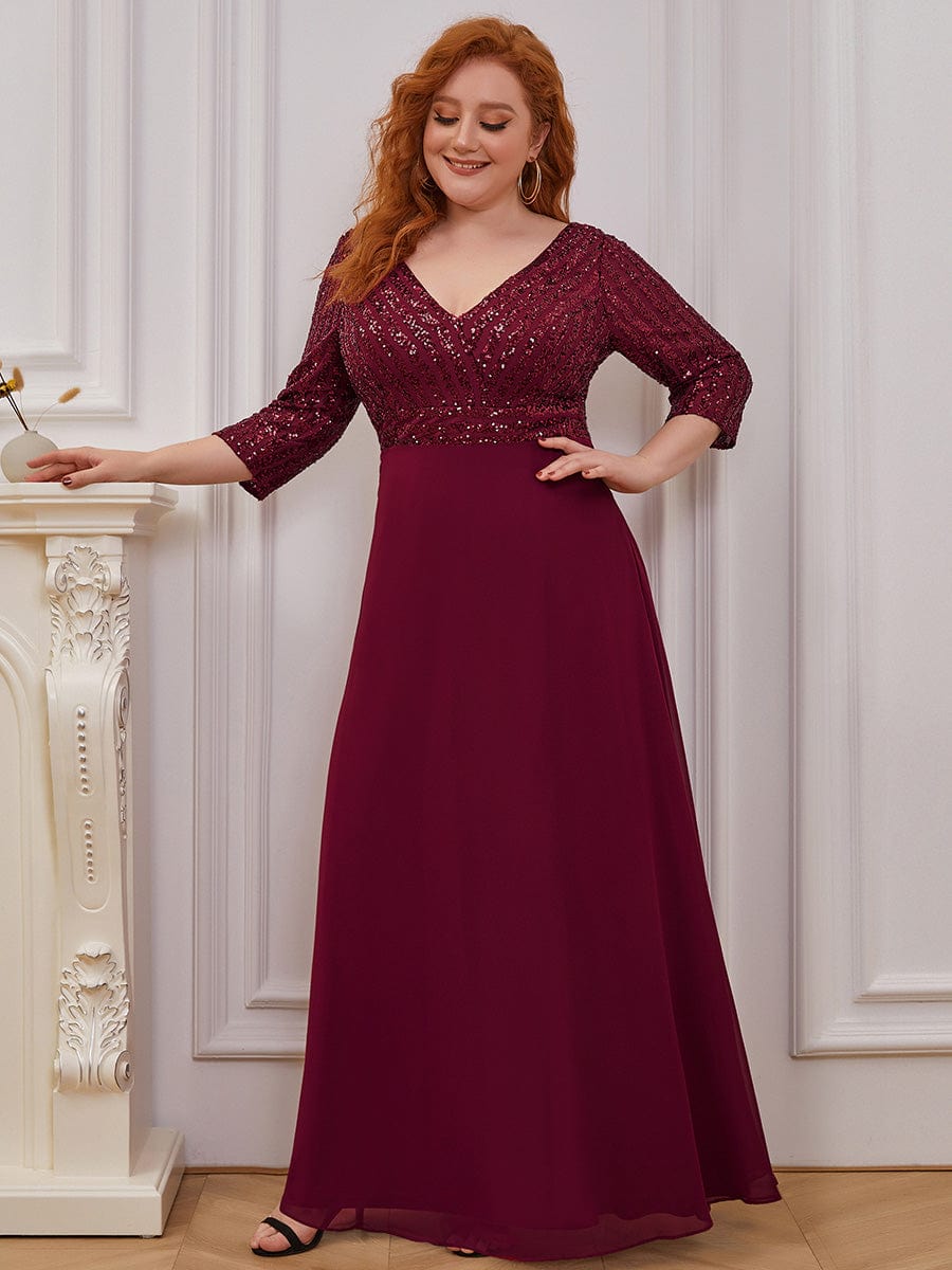 Custom Size V Neck A-Line Sequin Formal Evening Dress with Sleeve #color_Burgundy 