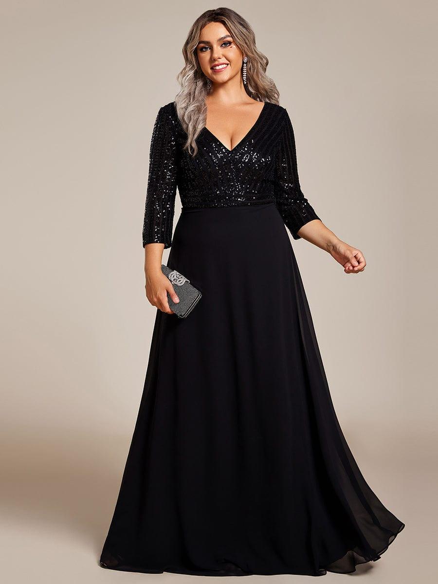 Plus Size V Neck A-Line Sequin Formal Evening Dress with Sleeve #color_Black