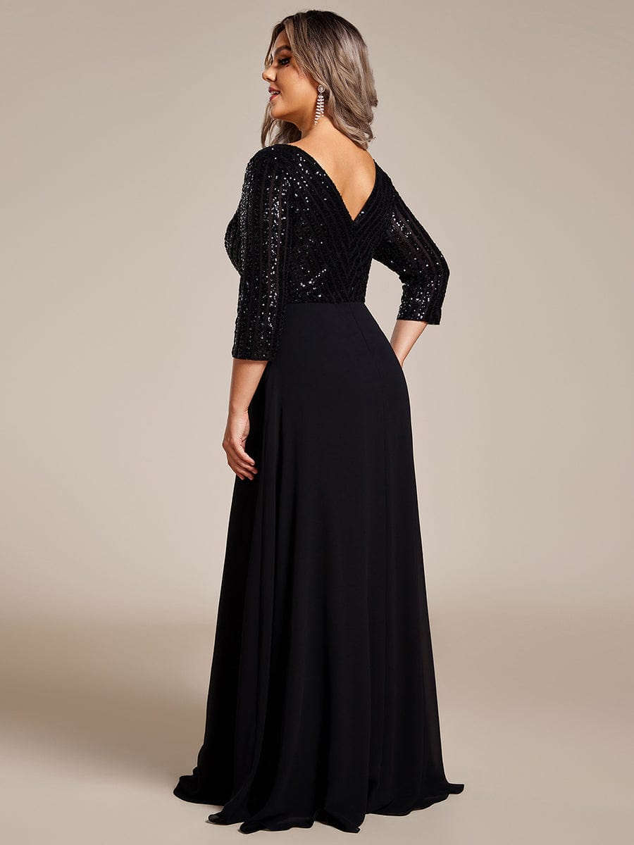 Plus Size V Neck A-Line Sequin Formal Evening Dress with Sleeve #color_Black