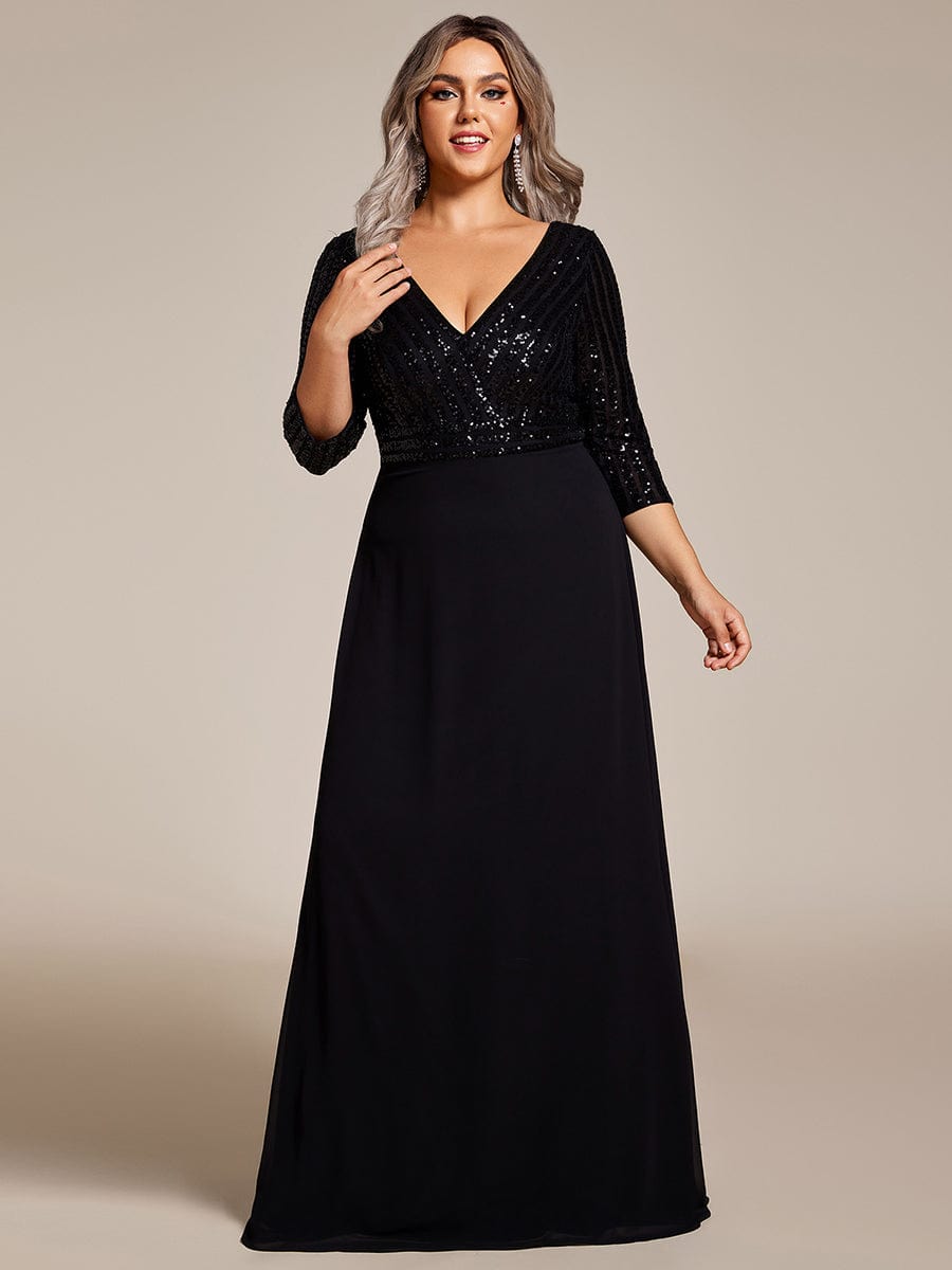 Plus Size V Neck A-Line Sequin Formal Evening Dress with Sleeve #color_Black