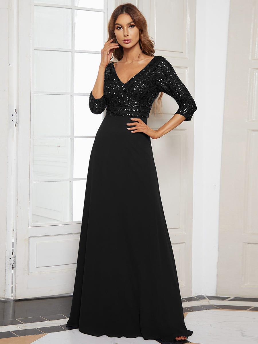 Sexy V Neck Sequin Evening Dresses with 3/4 Sleeve #color_Black