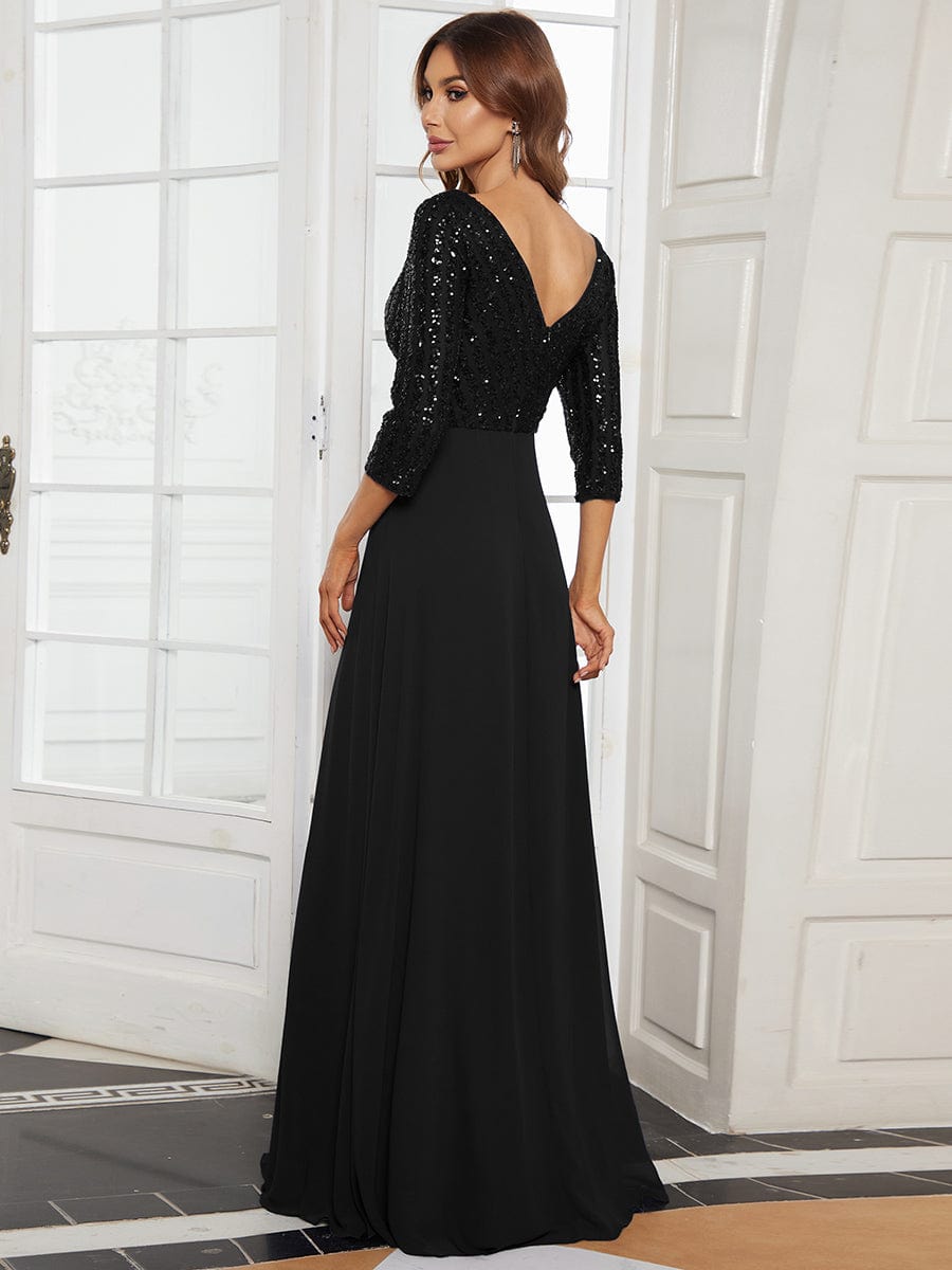Sexy V Neck Sequin Evening Dresses with 3/4 Sleeve #color_Black