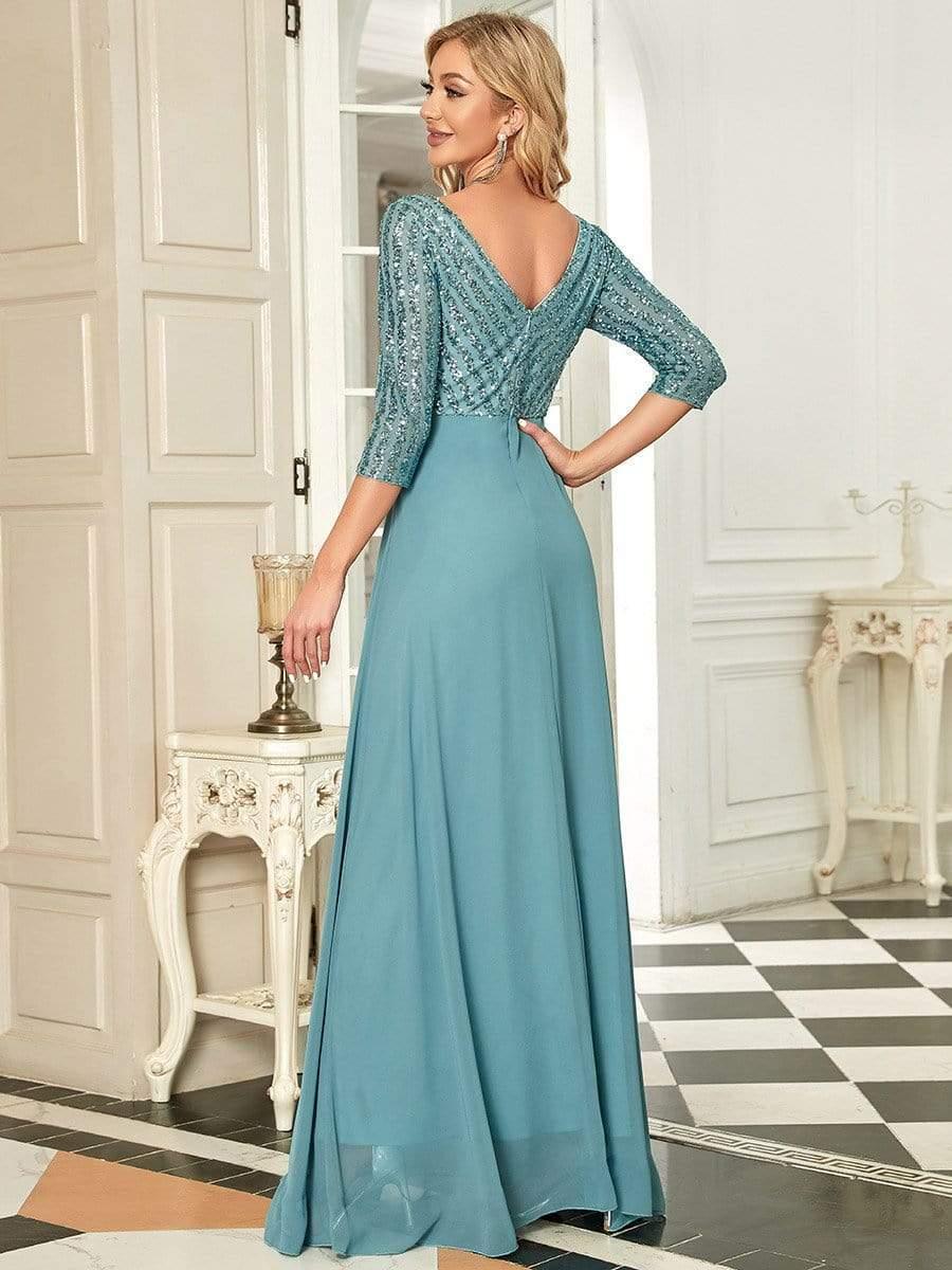 Sexy V Neck Sequin Evening Dresses with 3/4 Sleeve #color_Light Teal 