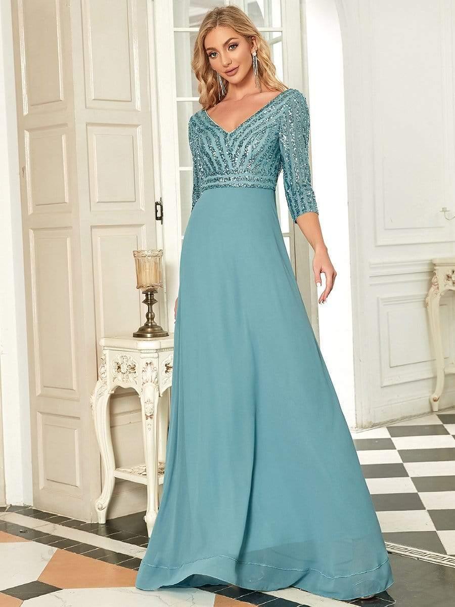 Sexy V Neck Sequin Evening Dresses with 3/4 Sleeve #color_Light Teal