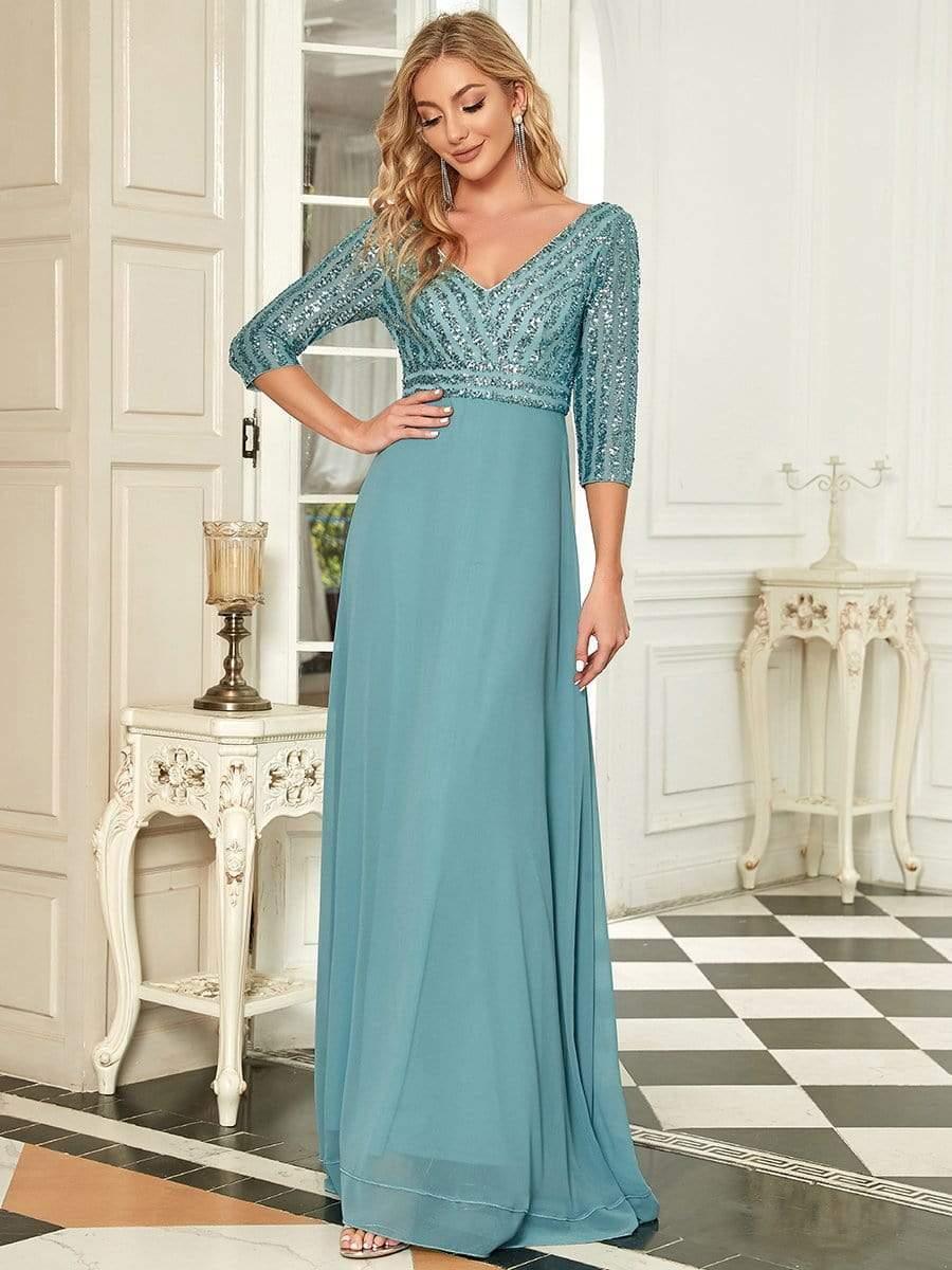 Sexy V Neck Sequin Evening Dresses with 3/4 Sleeve #color_Light Teal 