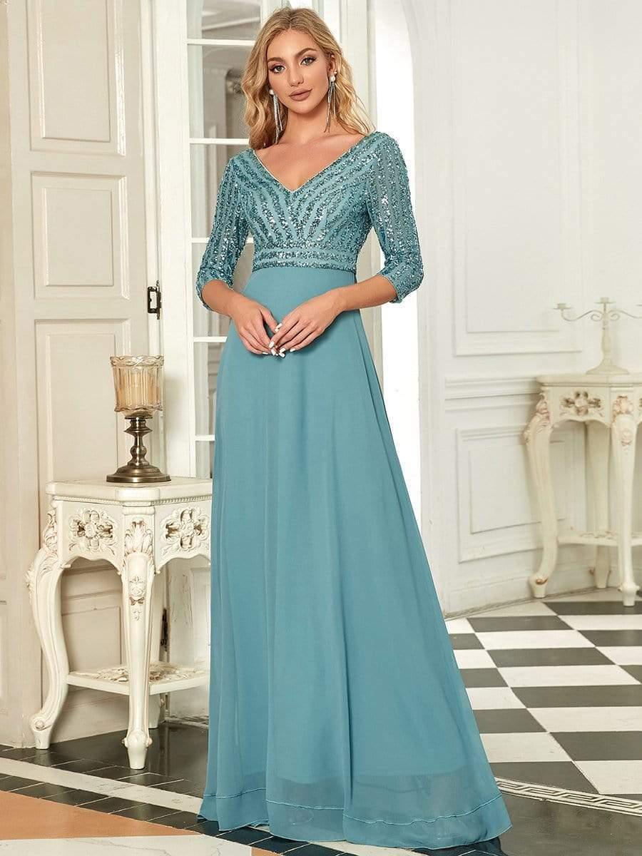 Sexy V Neck Sequin Evening Dresses with 3/4 Sleeve #color_Light Teal 