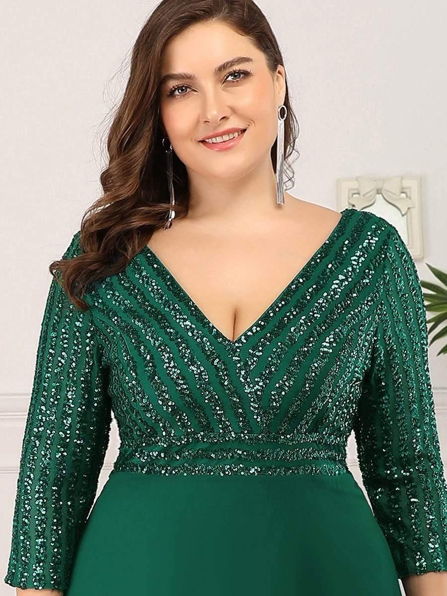 Plus Size V Neck A-Line Sequin Formal Evening Dress with Sleeve #color_Dark Green