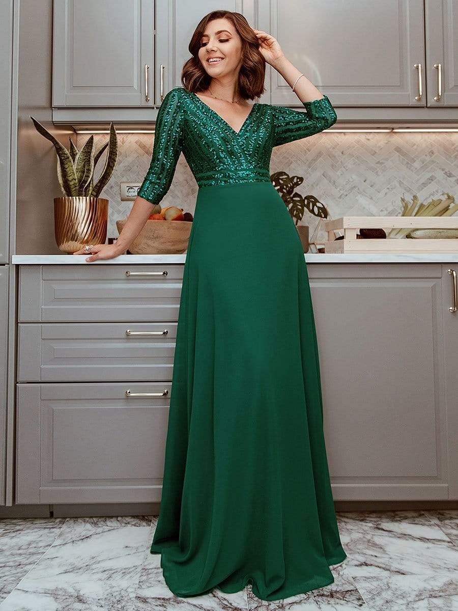 Sexy V Neck Sequin Evening Dresses with 3/4 Sleeve