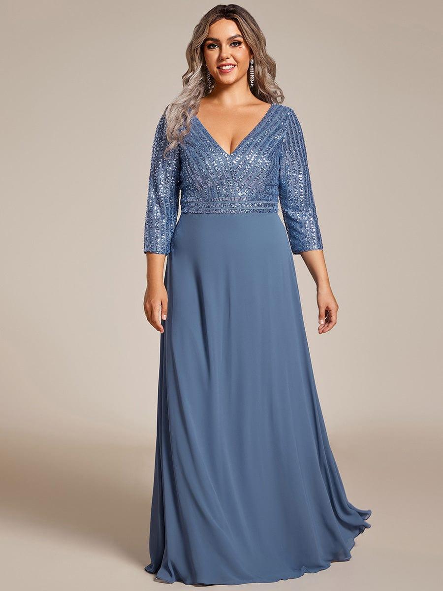 Plus Size V Neck A-Line Sequin Formal Evening Dress with Sleeve #color_Dusty Blue