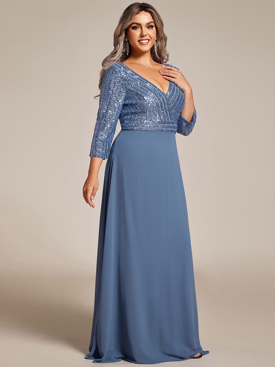 Sexy V Neck Sequin Evening Dresses with 3/4 Sleeve #color_Dusty Blue