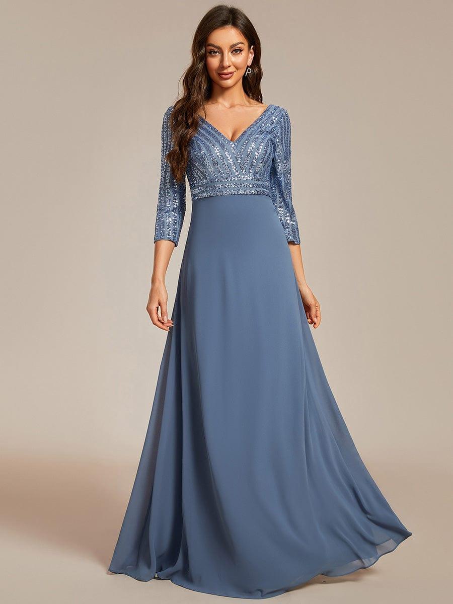 Sexy V Neck Sequin Evening Dresses with 3/4 Sleeve #color_Dusty Blue