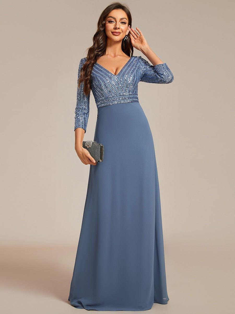 Sexy V Neck Sequin Evening Dresses with 3/4 Sleeve #color_Dusty Blue