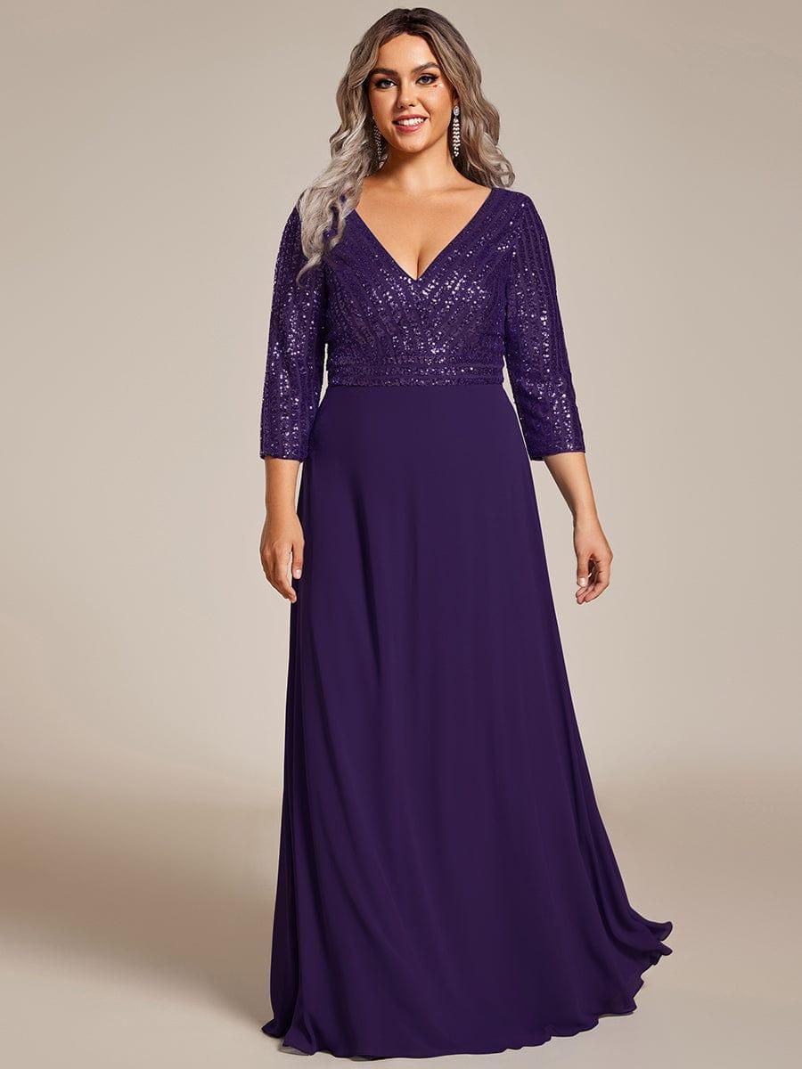 Plus Size V Neck A-Line Sequin Formal Evening Dress with Sleeve #color_Dark Purple