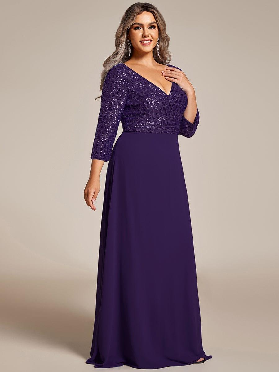 Plus Size V Neck A-Line Sequin Formal Evening Dress with Sleeve #color_Dark Purple