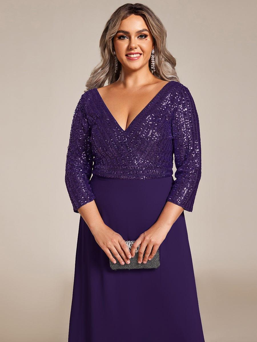 Plus Size V Neck A-Line Sequin Formal Evening Dress with Sleeve #color_Dark Purple