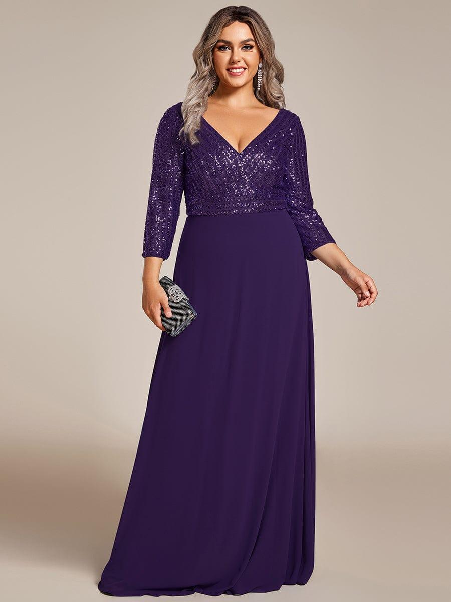 Sexy V Neck Sequin Evening Dresses with 3/4 Sleeve #color_Dark Purple