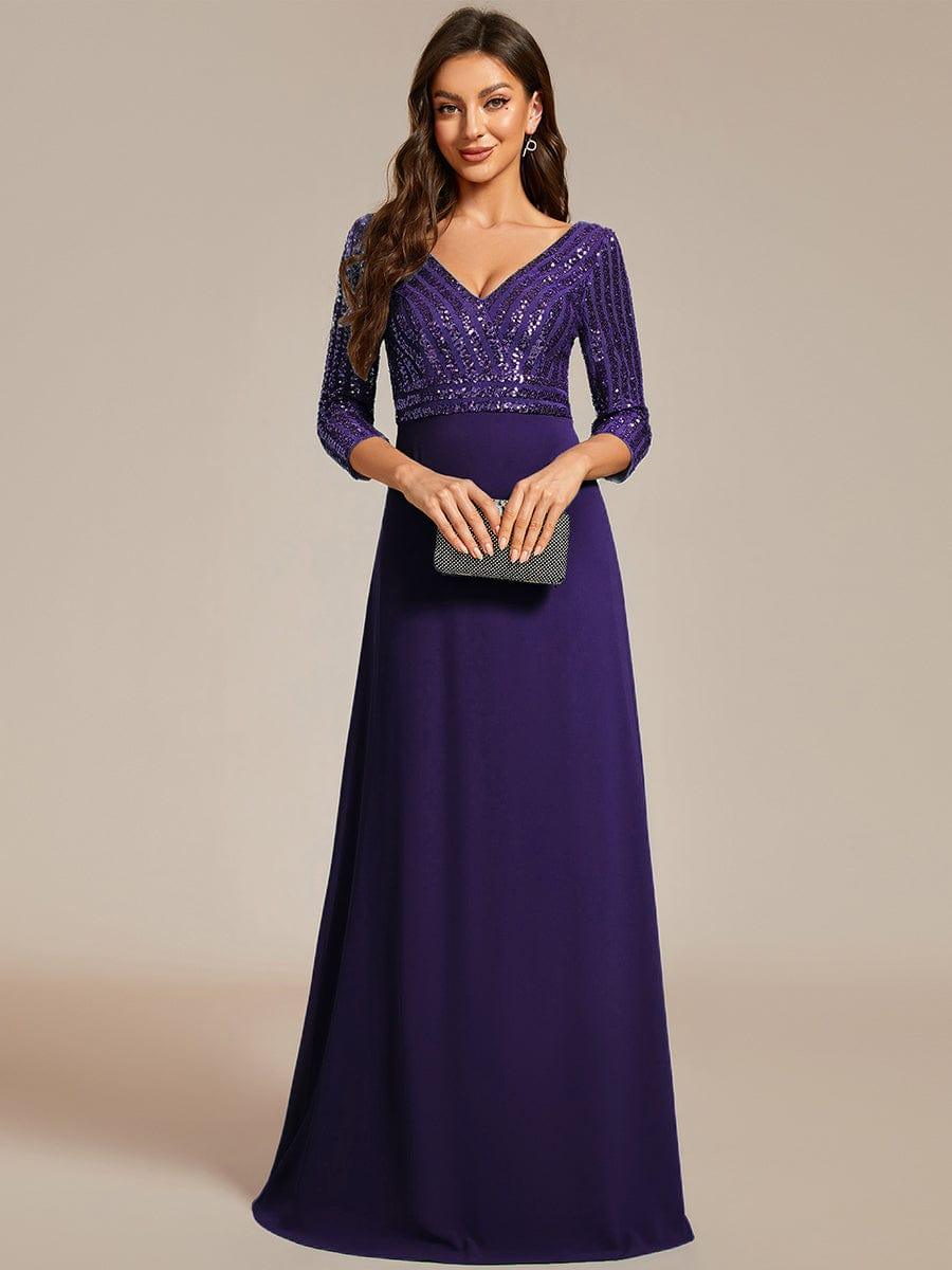 Sexy V Neck Sequin Evening Dresses with 3/4 Sleeve #color_Dark Purple