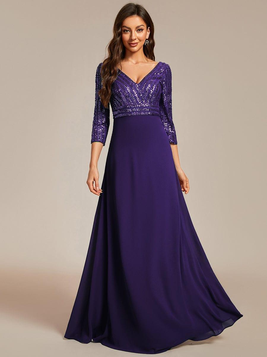 Sexy V Neck Sequin Evening Dresses with 3/4 Sleeve #color_Dark Purple