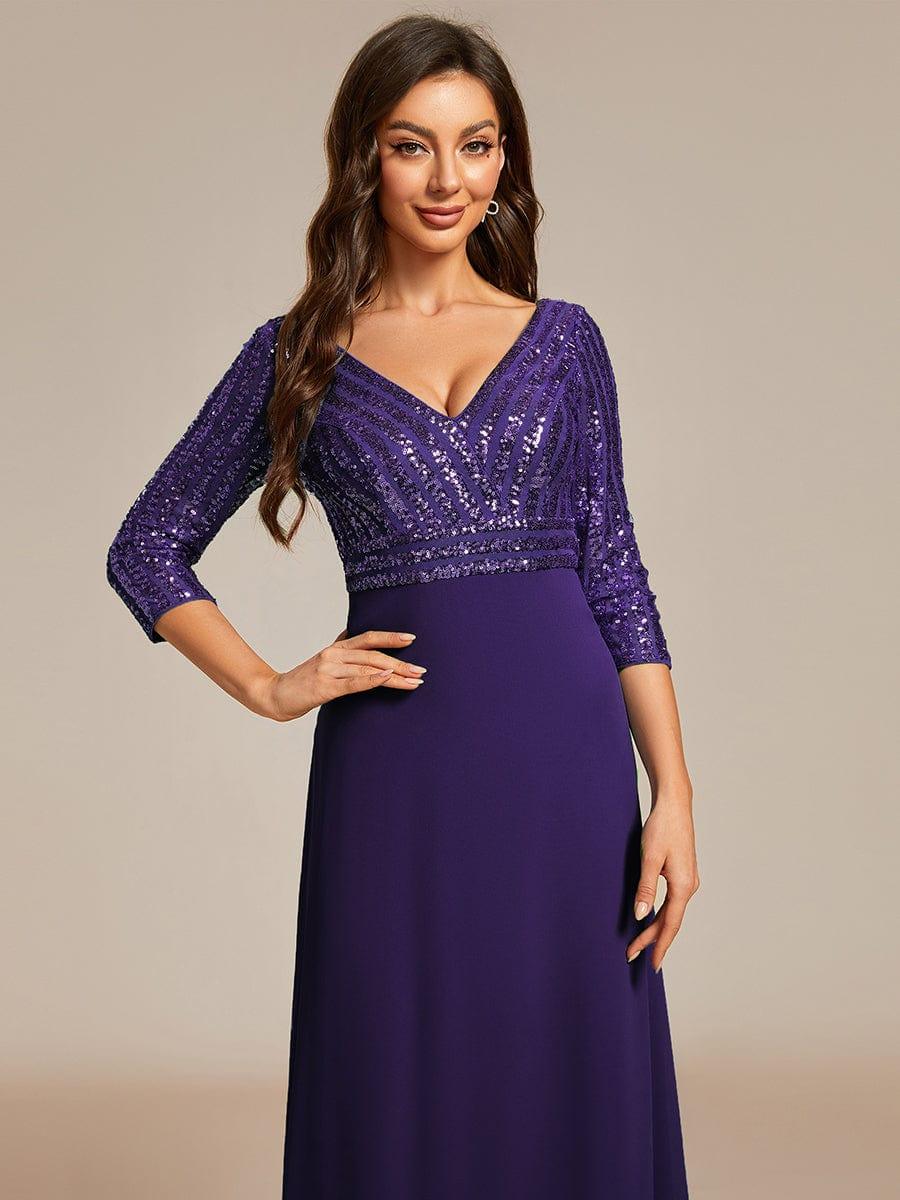 Sexy V Neck Sequin Evening Dresses with 3/4 Sleeve #color_Dark Purple