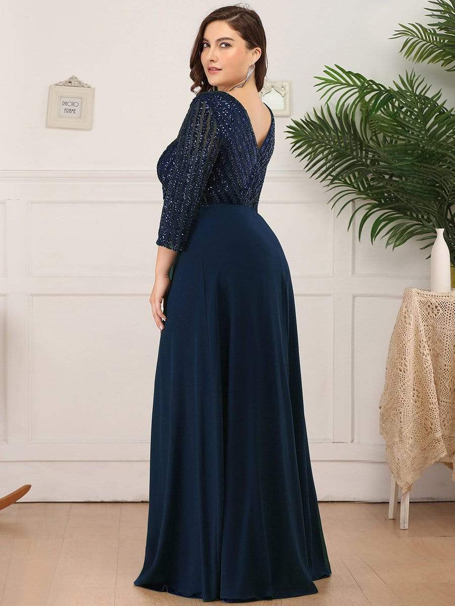 Plus Size V Neck A-Line Sequin Formal Evening Dress with Sleeve #color_Navy Blue