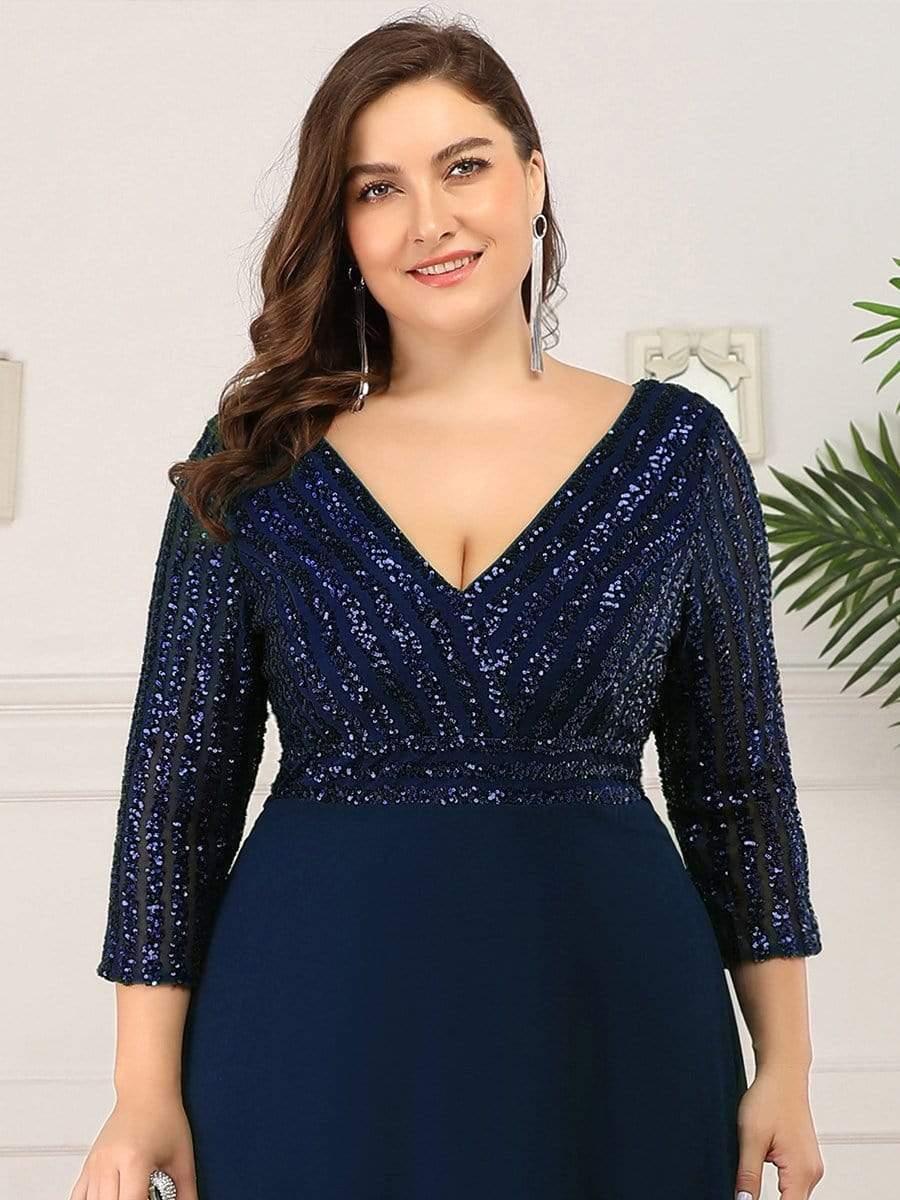 Custom Size V Neck A-Line Sequin Formal Evening Dress with Sleeve #color_Navy Blue 