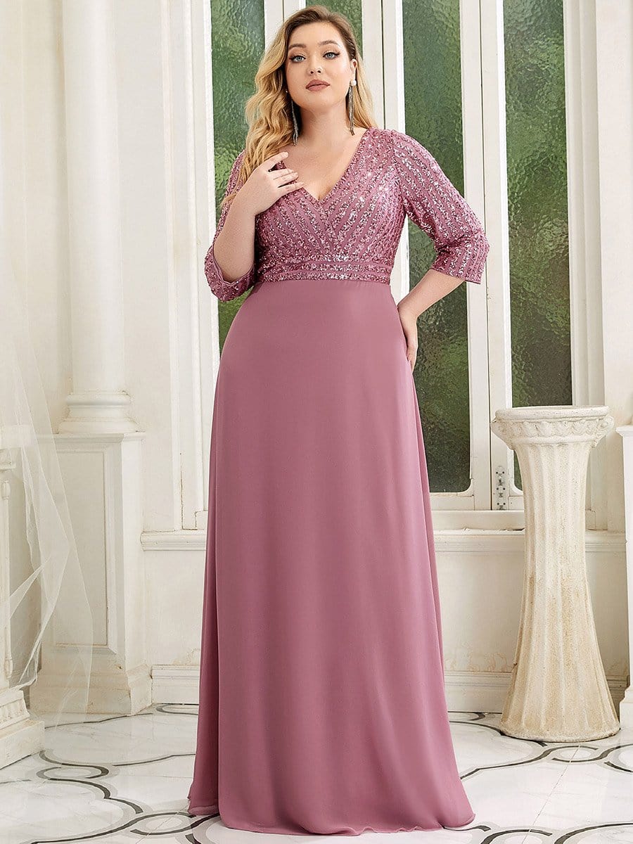 Custom Size V Neck A-Line Sequin Formal Evening Dress with Sleeve #color_Purple Orchid 