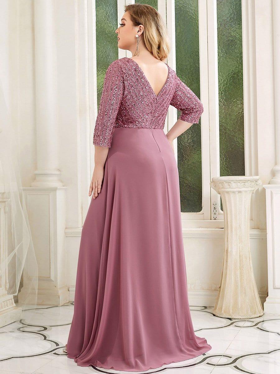 Plus Size V Neck A-Line Sequin Formal Evening Dress with Sleeve #color_Purple Orchid