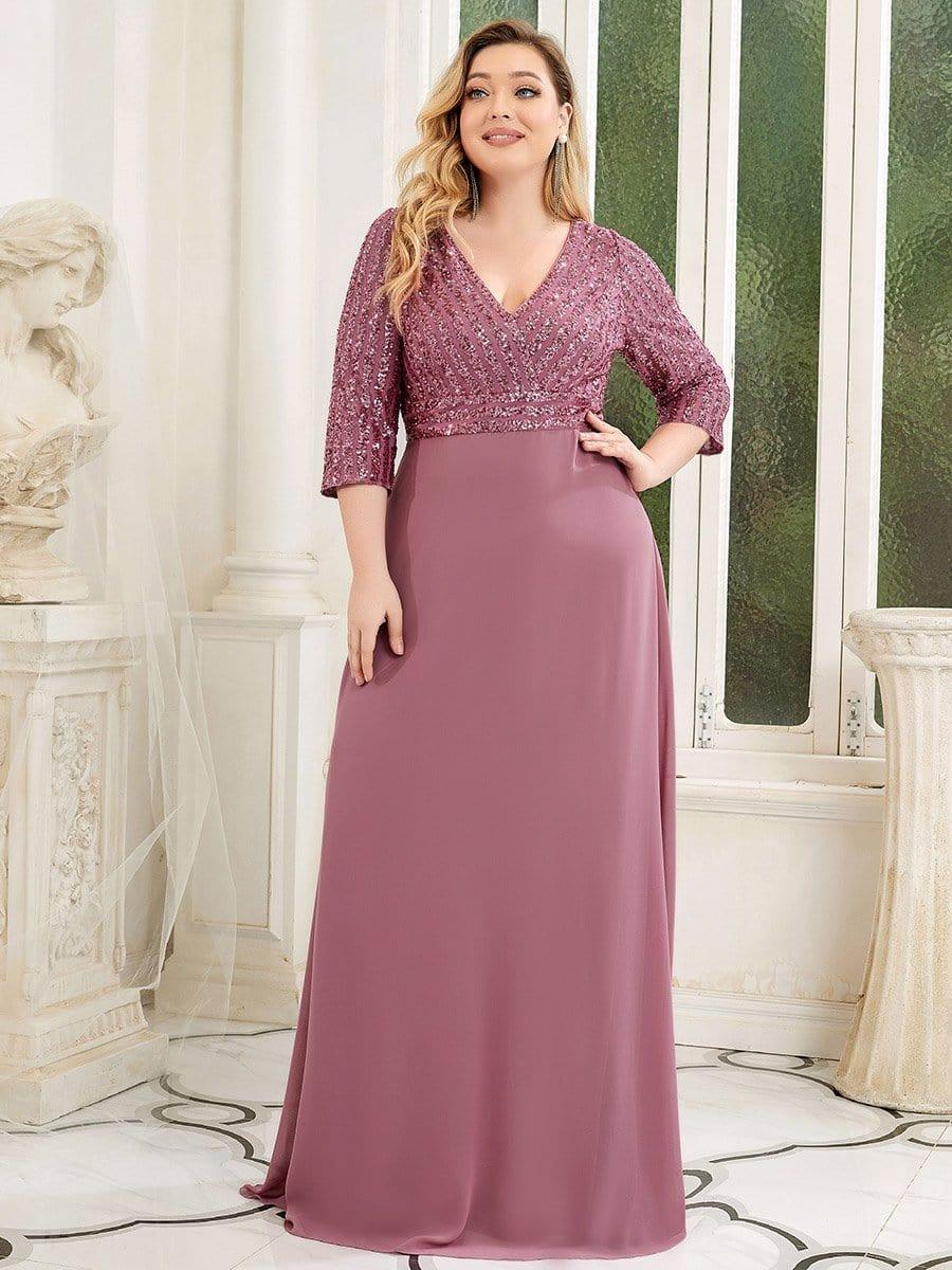 Plus Size V Neck A-Line Sequin Formal Evening Dress with Sleeve #color_Purple Orchid