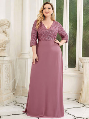 Plus Size V Neck A-Line Sequin Formal Evening Dress with Sleeve