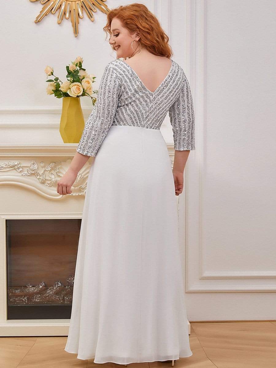 Plus Size V Neck A-Line Sequin Formal Evening Dress with Sleeve #color_White
