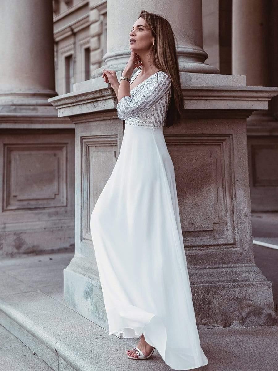 Sexy V Neck Sequin Evening Dresses with 3/4 Sleeve #color_White 