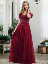 Cold Shoulder Sequin Bodice Long Tulle Bridesmaid Dress #color_Burgundy